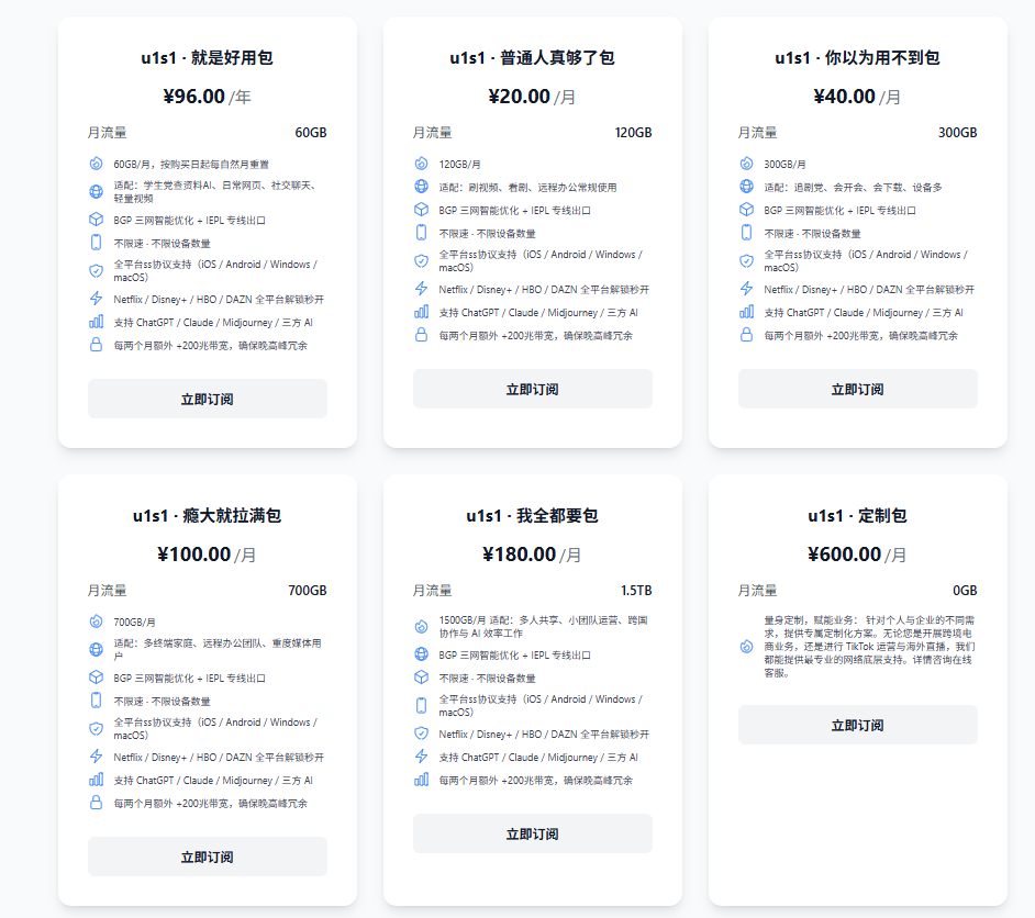 U1S1 官网套餐截图